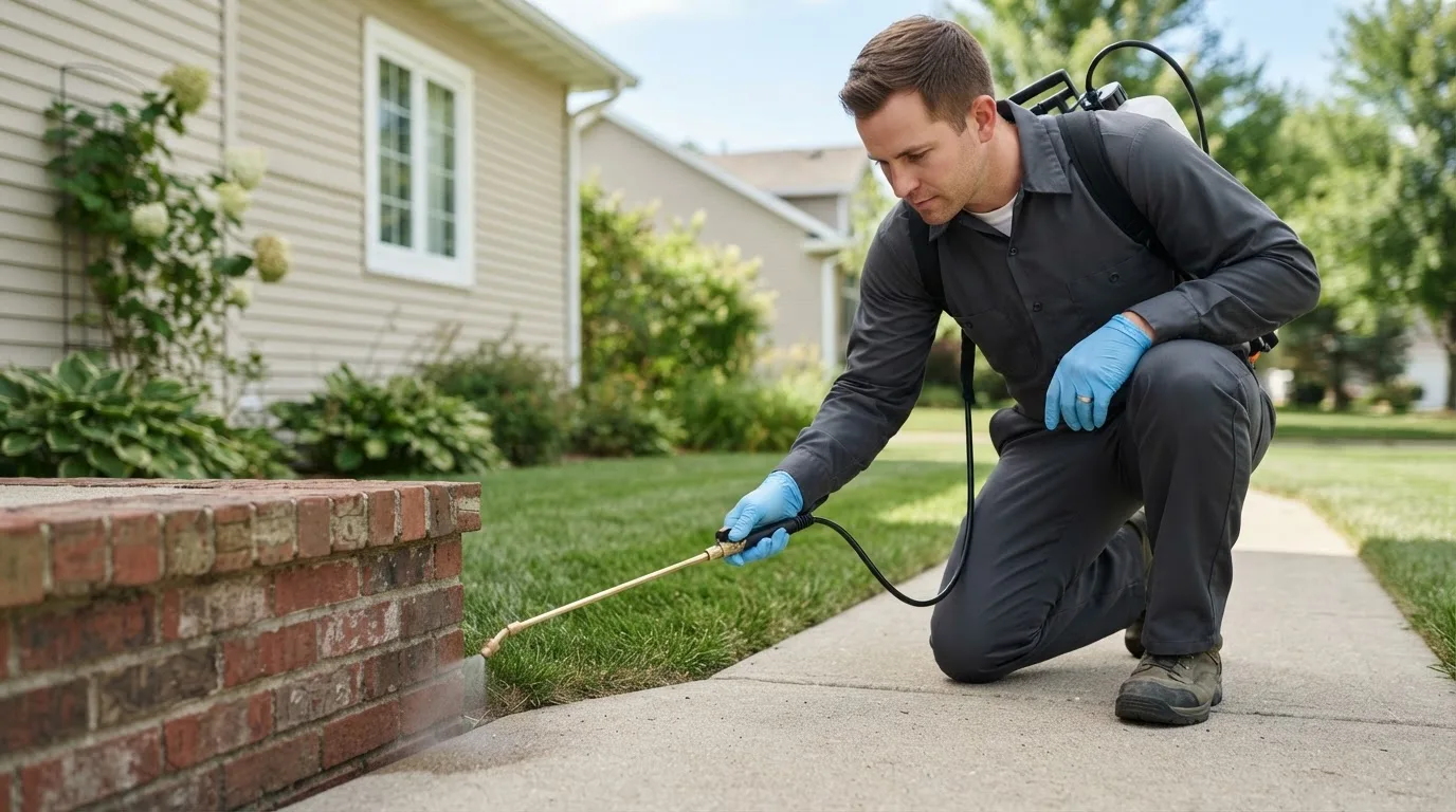 Pest control technician treating a home near Flensburg, MN