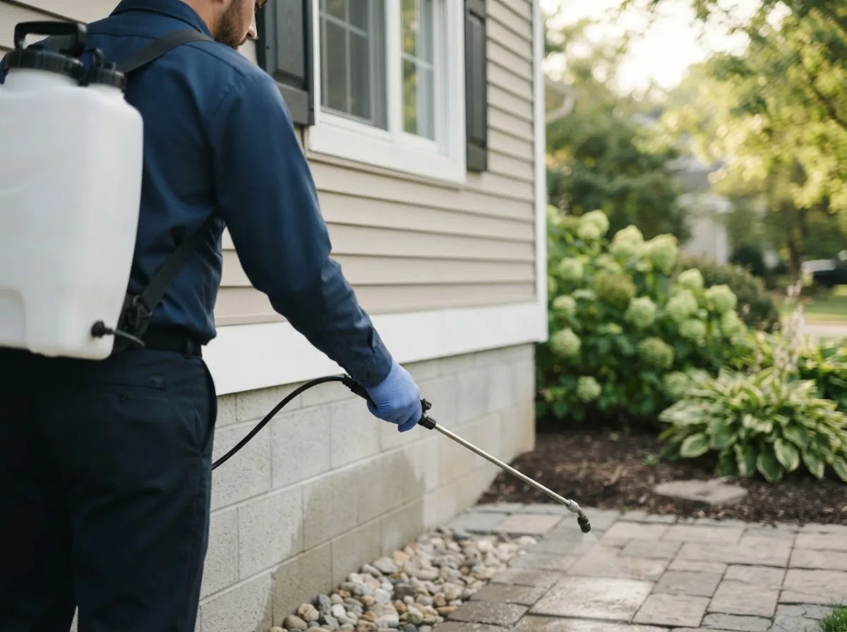 Pest control technician inspecting a home in Flensburg, MN